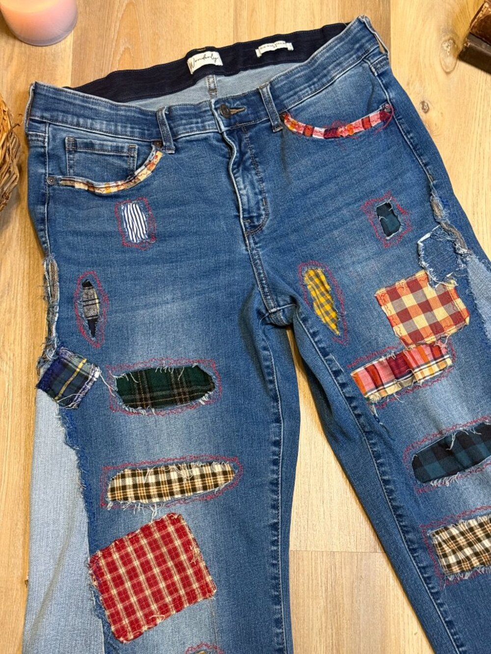 Upcycled Patchwork Jeans | Wide Leg Patched Denim | Visible Mending Art - Picture 4 of 11